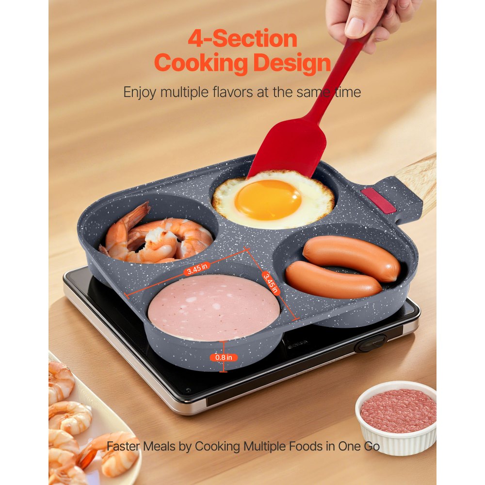 VEVOR Egg Pan, 4-Cup Nonstick Egg Frying Pan, Aluminum Breakfast Omelette Skillet for Pancakes, Hamburgers, Sandwiches, with Lid, Oil Brush, Scraper, Compatible with Gas Stove & Induction Cookware