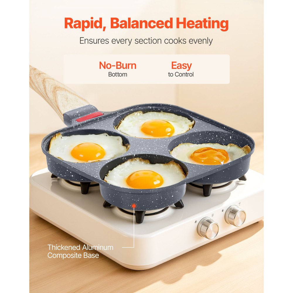 VEVOR Egg Pan, 4-Cup Nonstick Egg Frying Pan, Aluminum Breakfast Omelette Skillet for Pancakes, Hamburgers, Sandwiches, with Lid, Oil Brush, Scraper, Compatible with Gas Stove & Induction Cookware