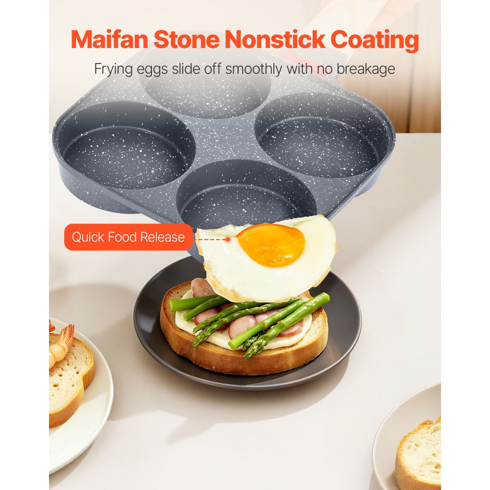 VEVOR Egg Pan, 4-Cup Nonstick Egg Frying Pan, Aluminum Breakfast Omelette Skillet for Pancakes, Hamburgers, Sandwiches, with Lid, Oil Brush, Scraper, Compatible with Gas Stove & Induction Cookware
