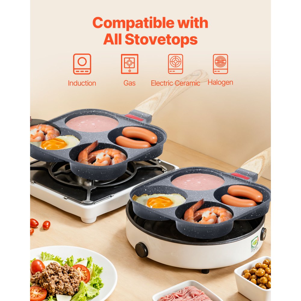 VEVOR Egg Pan, 4-Cup Nonstick Egg Frying Pan, Aluminum Breakfast Omelette Skillet for Pancakes, Hamburgers, Sandwiches, with Lid, Oil Brush, Scraper, Compatible with Gas Stove & Induction Cookware