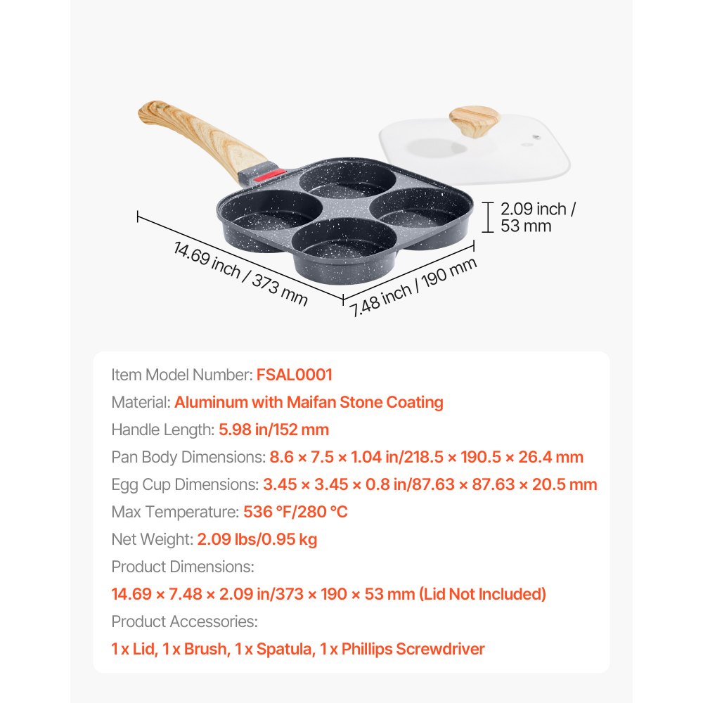 VEVOR Egg Pan, 4-Cup Nonstick Egg Frying Pan, Aluminum Breakfast Omelette Skillet for Pancakes, Hamburgers, Sandwiches, with Lid, Oil Brush, Scraper, Compatible with Gas Stove & Induction Cookware