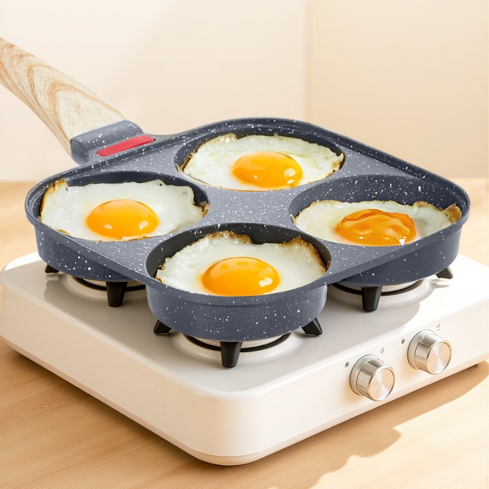 VEVOR Egg Pan, 4-Cup Nonstick Egg Frying Pan, Aluminum Breakfast Omelette Skillet for Pancakes, Hamburgers, Sandwiches, with Lid, Oil Brush, Scraper, Compatible with Gas Stove & Induction Cookware