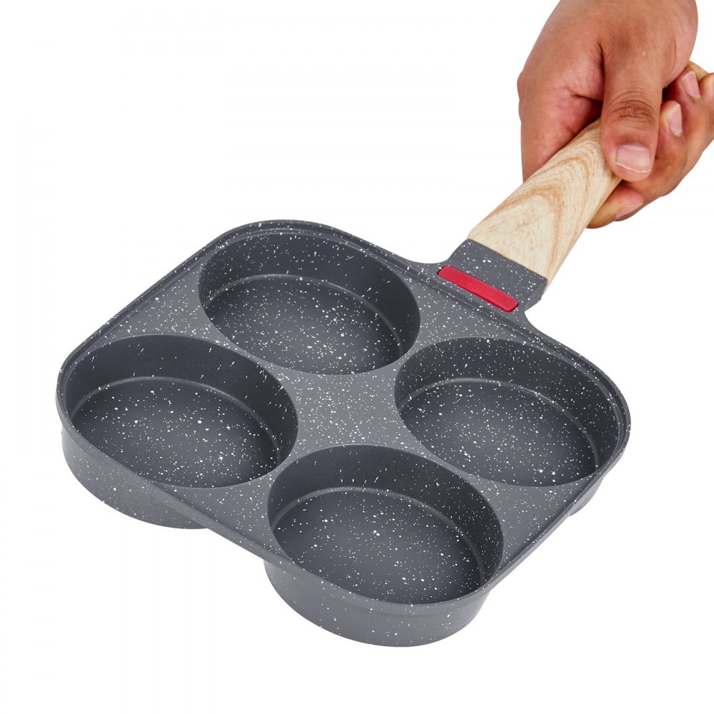 VEVOR Egg Pan, 4-Cup Nonstick Egg Frying Pan, Aluminum Breakfast Omelette Skillet for Pancakes, Hamburgers, Sandwiches, with Lid, Oil Brush, Scraper, Compatible with Gas Stove & Induction Cookware