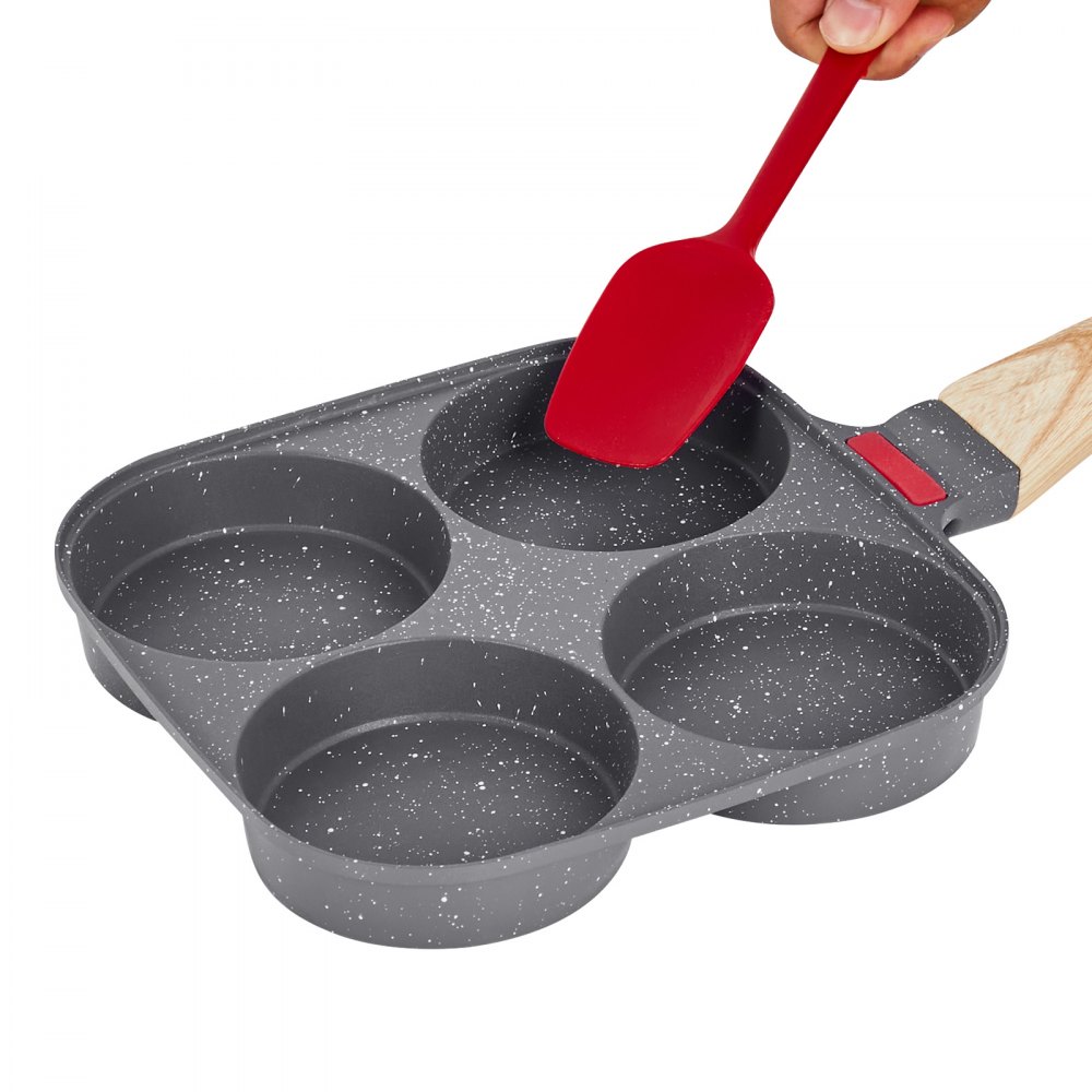 VEVOR Egg Pan, 4-Cup Nonstick Egg Frying Pan, Aluminum Breakfast Omelette Skillet for Pancakes, Hamburgers, Sandwiches, with Lid, Oil Brush, Scraper, Compatible with Gas Stove & Induction Cookware