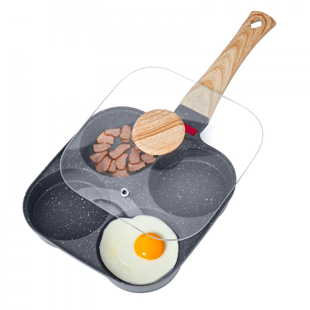 VEVOR Egg Pan, 4-Cup Nonstick Egg Frying Pan, Aluminum Breakfast Omelette Skillet for Pancakes, Hamburgers, Sandwiches, with Lid, Oil Brush, Scraper, Compatible with Gas Stove & Induction Cookware