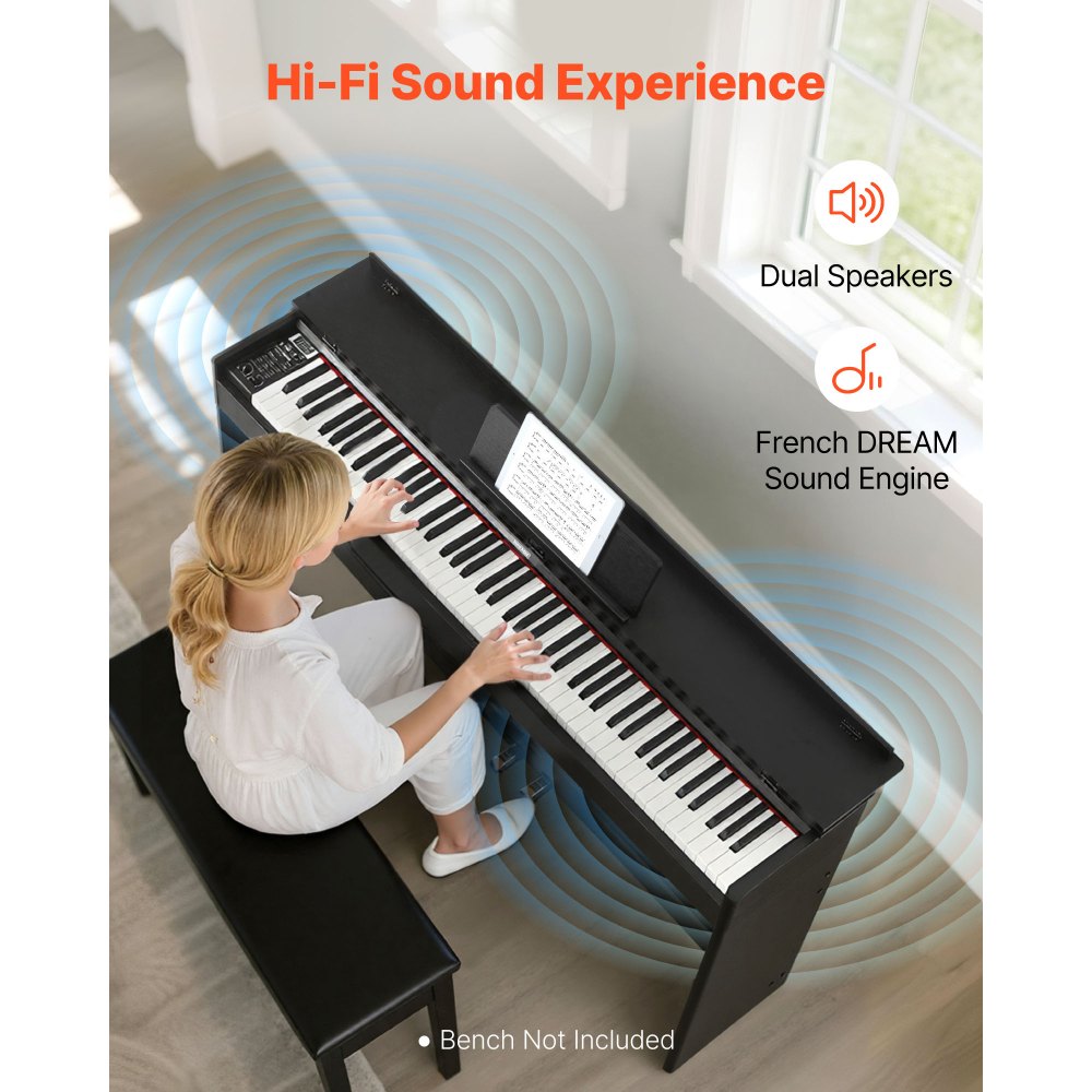 VEVOR Weighted Digital Piano, 88 Keys Fully Weighted, Electric Piano Keyboard with Furniture Stand, Power Adapter, Triple Pedal, 680 Tones, Support Wireless Connection, with Headphones, for Beginners