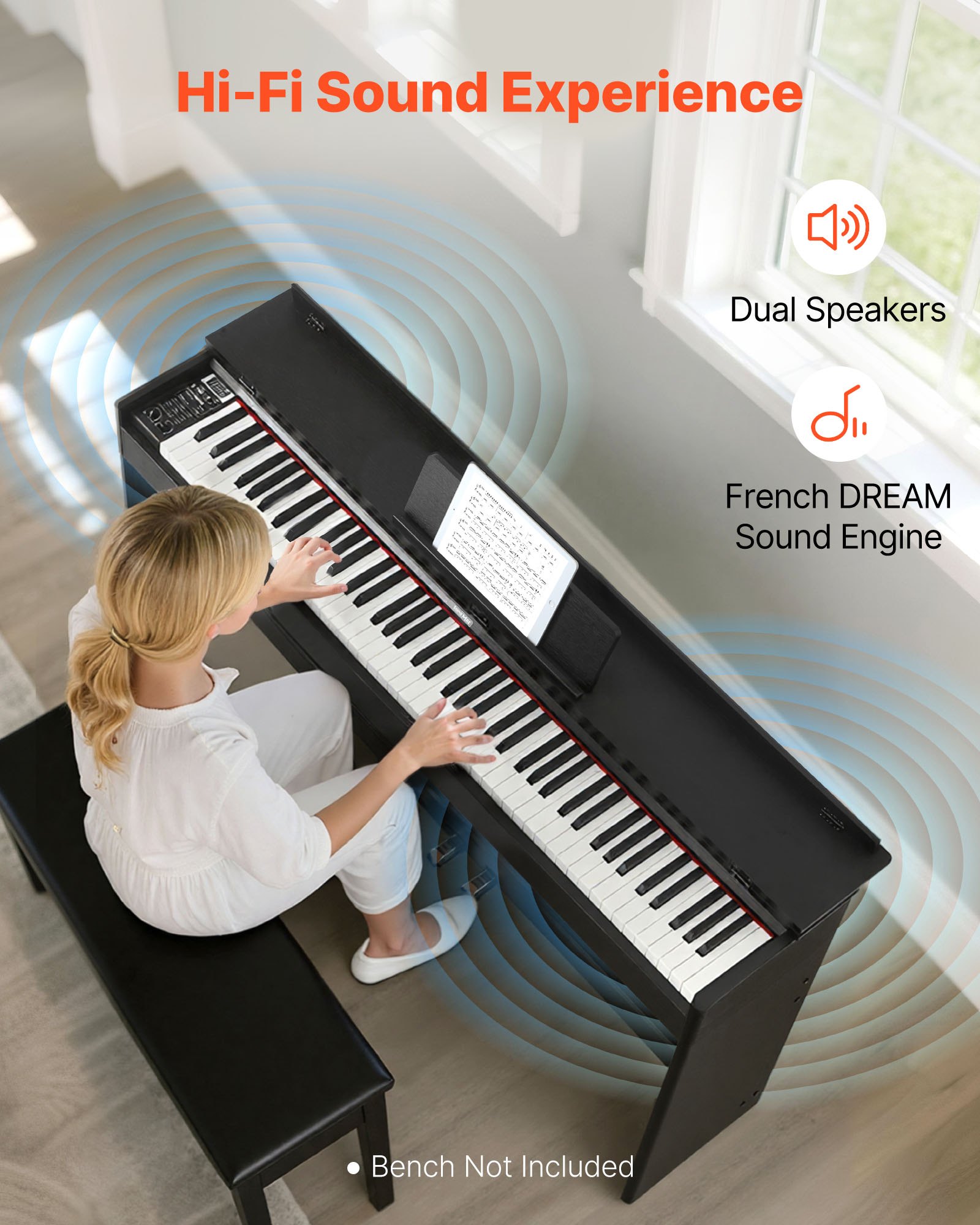 VEVOR Weighted Digital Piano, 88 Keys Fully Weighted, Electric Piano Keyboard with Furniture Stand, Power Adapter, Triple Pedal, 680 Tones, Support Wireless Connection, with Headphones, for Beginners