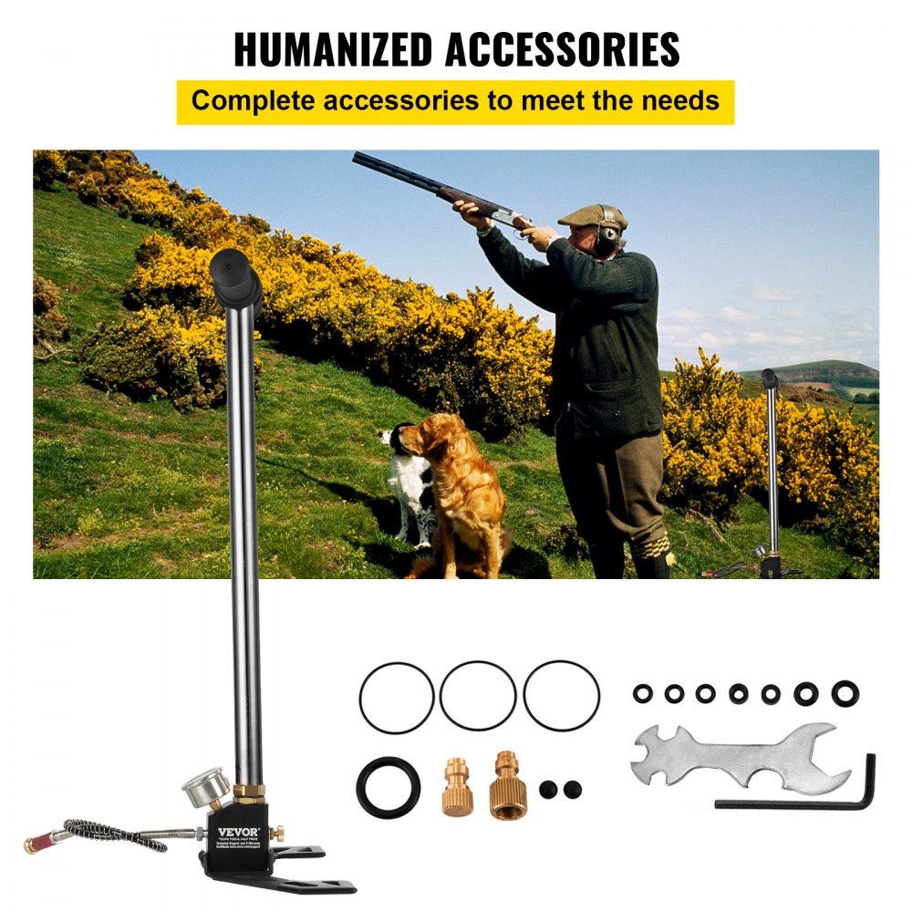 VEVOR airgun pcp pump with accessories and hunter aiming rifle in the countryside.