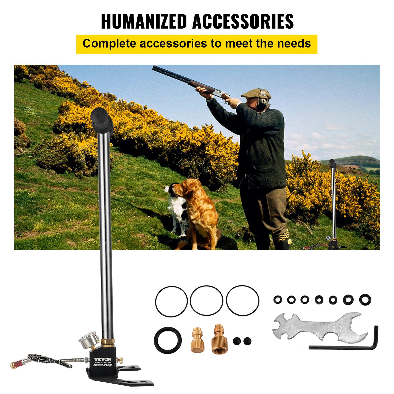 VEVOR airgun pcp pump with accessories and hunter aiming rifle in the countryside.