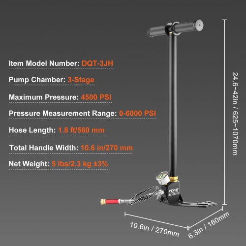 VEVOR PCP Hand Pump, 3 Stage, 30Mpa 4500 PSI High Pressure PCP Air Rifile Filling Stirrup Pump with Oil-Moisture Filter Pressure Gauge, Stainless Steel for Airguns Scuba Tank Paintball Filling Tire