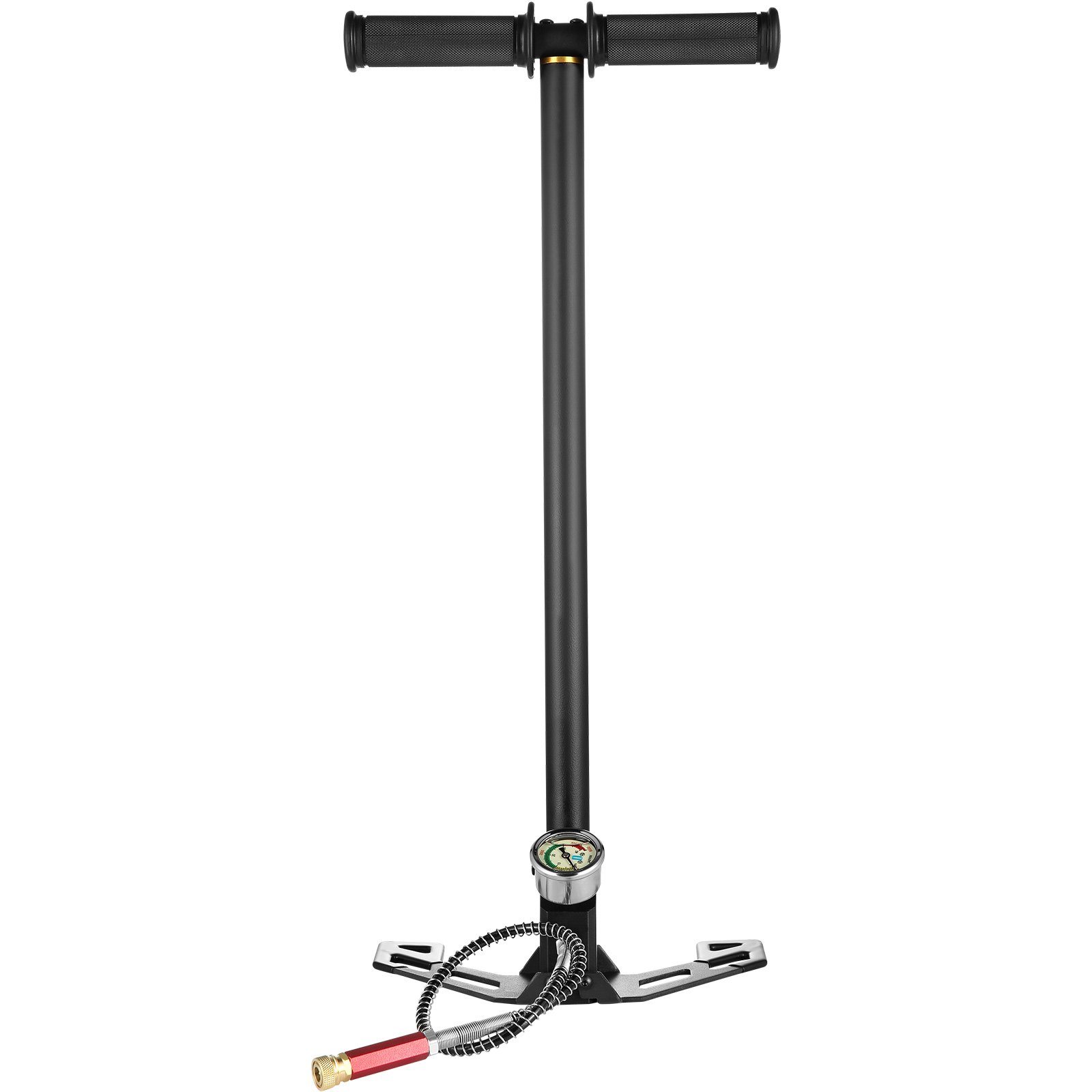 VEVOR high pressure hand pump with dual handles, pressure gauge, and braided hose.