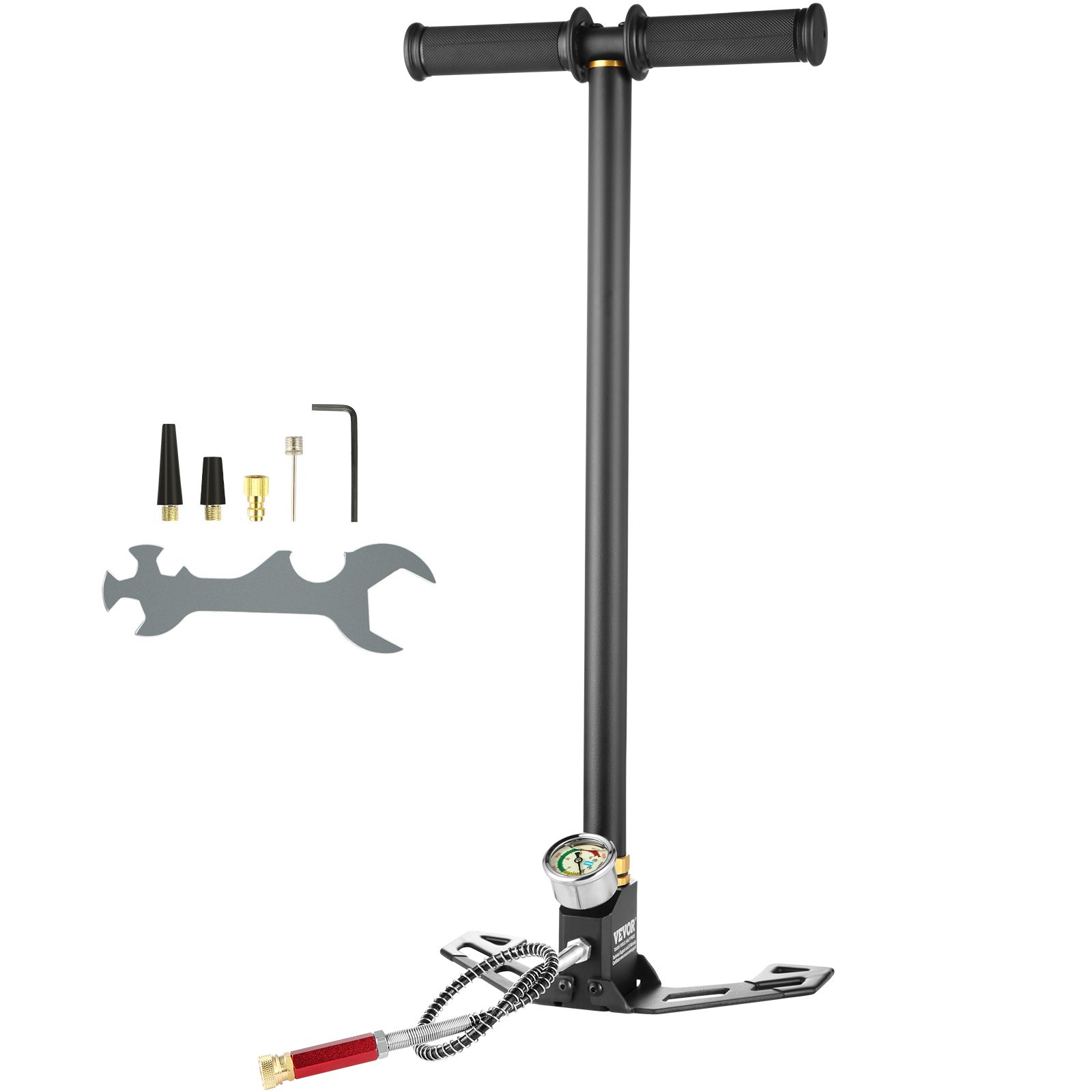 VEVOR high pressure hand pump with gauge, hose, and multiple nozzles on white background.
