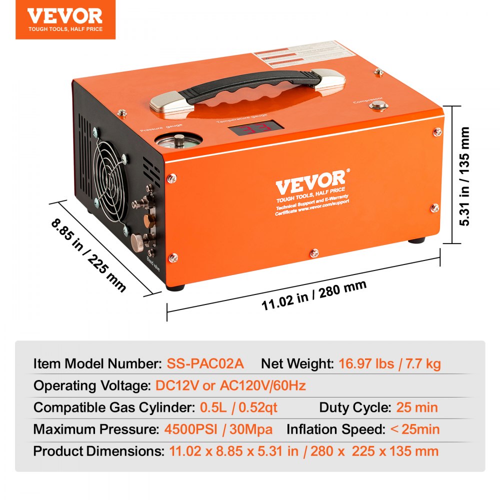 Compresor de aire PCP VEVOR, 4500 PSI, portátil, para pistola de aire comprimido PCP con convertidor integrado y parada automática | 12 V CC/120 V CA | Bomba compresora para tanque de paintball sin aceite ni agua, ideal para rifle de aire comprimido y botella de buceo