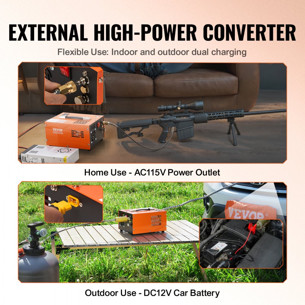 VEVOR PCP Air Compressor, 4500PSI/30Mpa Portable PCP Airgun Compressor with External Converter, DC12V, AC230V | Oil & Water-Free | Manual-Stop Air Rifle, Paintball and Scuba Tank Compressor Pump