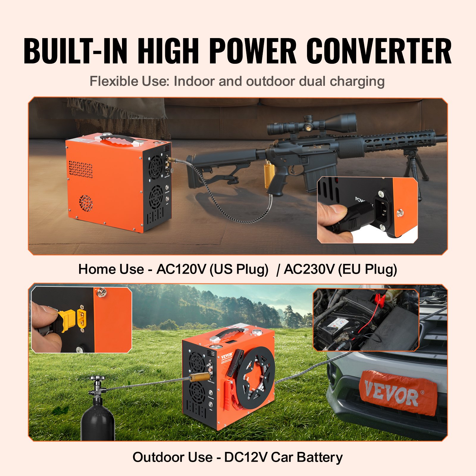 VEVOR PCP Air Compressor, 4500PSI/30Mpa Portable PCP Airgun Compressor - Built-in Water and Fan Cooling System, Auto-Stop | DC12V/AC230V Paintball Tank Compressor for Air Rifle, Scuba Diving Bottle