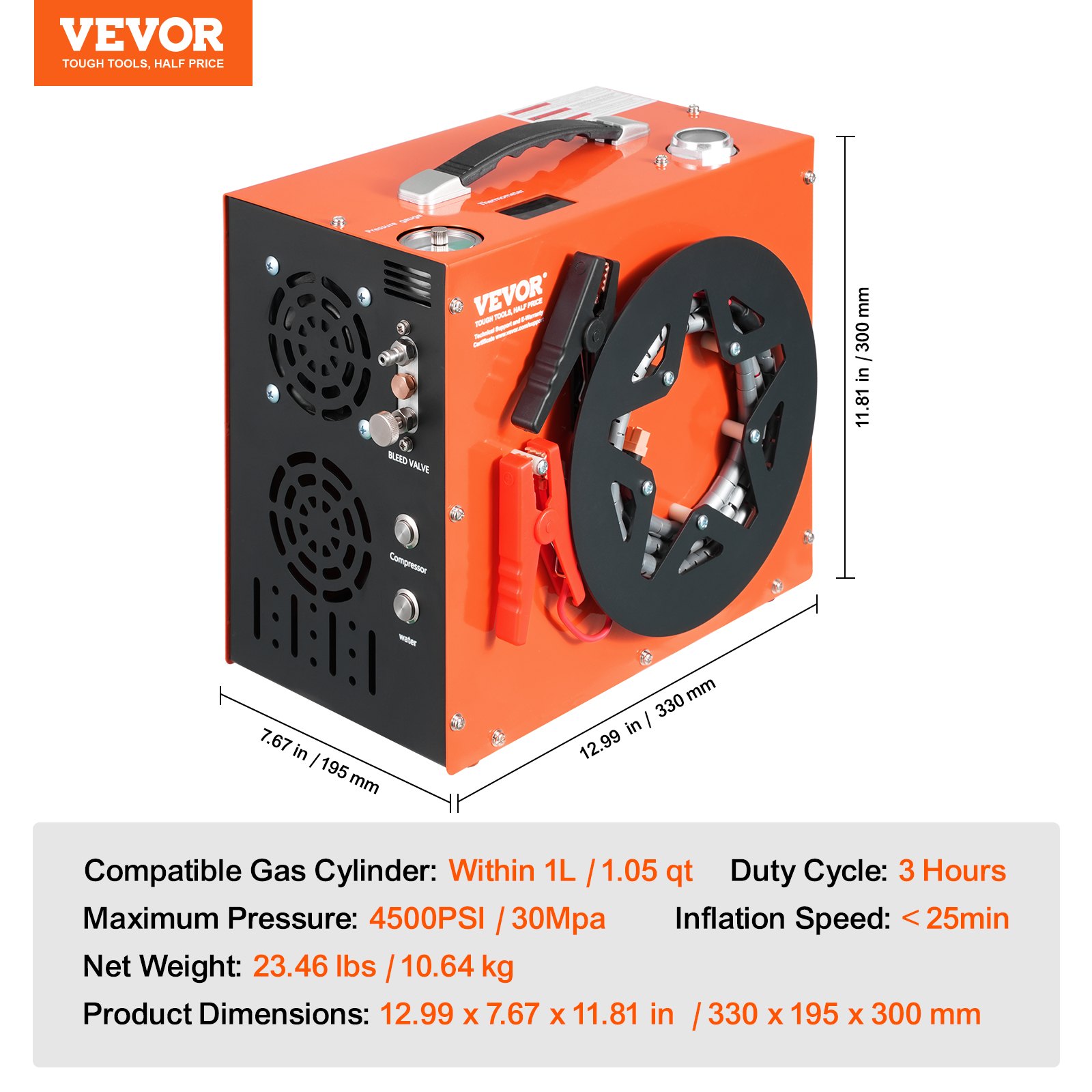 VEVOR PCP Air Compressor, 4500PSI/30Mpa Portable PCP Airgun Compressor - Built-in Water and Fan Cooling System, Auto-Stop | DC12V/AC230V Paintball Tank Compressor for Air Rifle, Scuba Diving Bottle