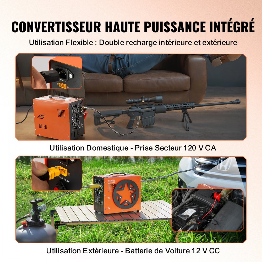VEVOR PCP Air Compressor, 4500PSI/30Mpa Portable PCP Airgun Compressor with Built-in Power Converter, Auto-Stop | DC12V/AC120V | Oil & Water-Free Air Rifle, Paintball and Scuba Tank Compressor Pump