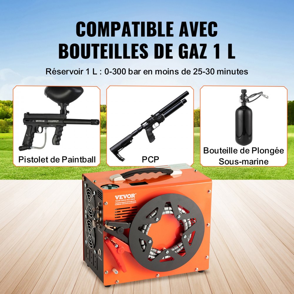 VEVOR PCP Air Compressor, 4500PSI/30Mpa Portable PCP Airgun Compressor with Built-in Power Converter, Auto-Stop | DC12V/AC120V | Oil & Water-Free Air Rifle, Paintball and Scuba Tank Compressor Pump
