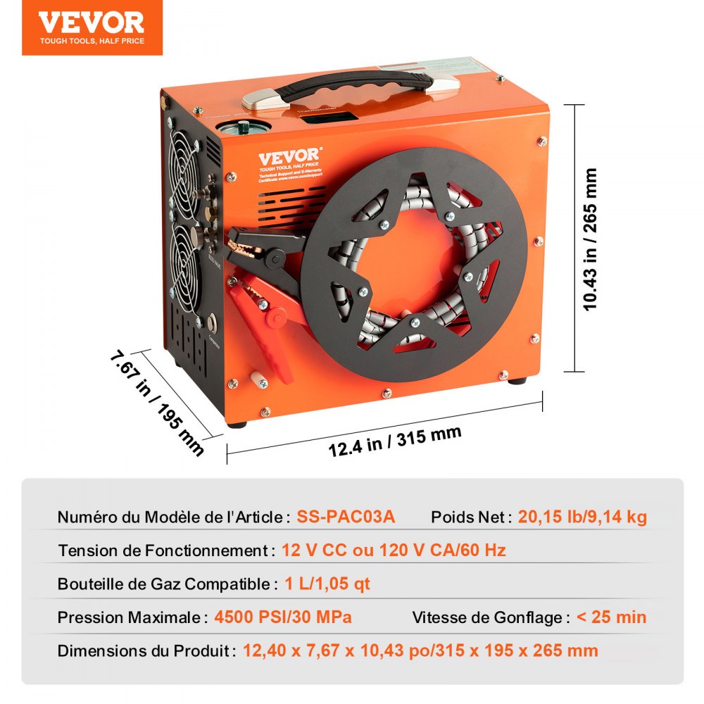 VEVOR PCP Air Compressor, 4500PSI/30Mpa Portable PCP Airgun Compressor with Built-in Power Converter, Auto-Stop | DC12V/AC120V | Oil & Water-Free Air Rifle, Paintball and Scuba Tank Compressor Pump