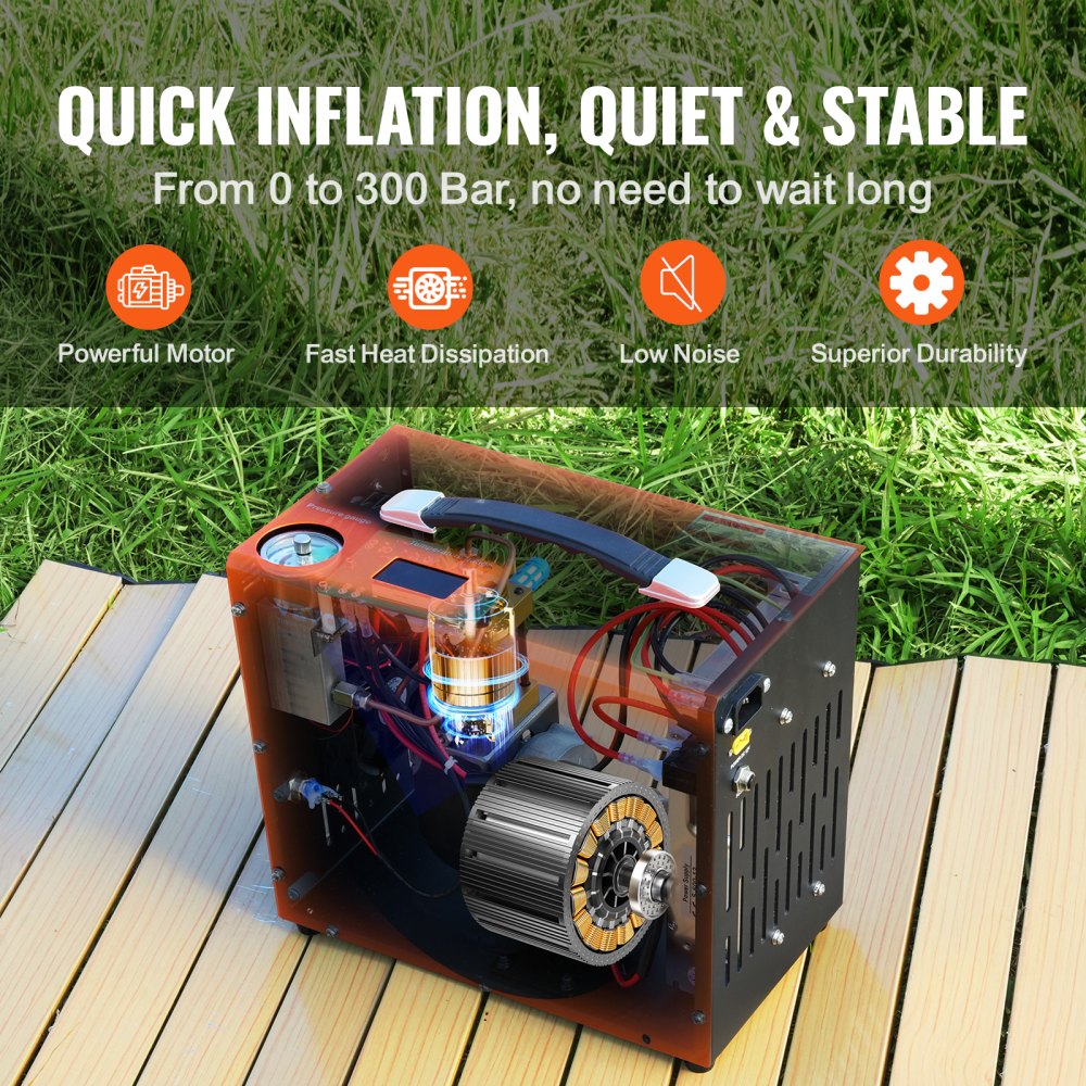 VEVOR PCP-ilmakompressori, 4500PSI/30Mpa Kannettava PCP-kompressori sisäänrakennetulla tehonmuuntimella, automaattinen pysäytys | DC12V/AC230V | Öljytön ja vedetön kompressoripumppu