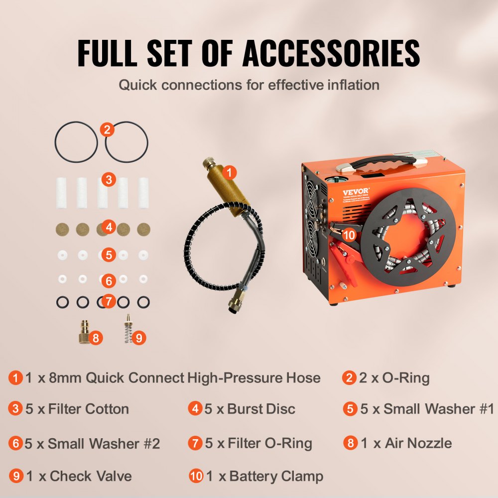 VEVOR PCP-ilmakompressori, 4500PSI/30Mpa Kannettava PCP-kompressori sisäänrakennetulla tehonmuuntimella, automaattinen pysäytys | DC12V/AC230V | Öljytön ja vedetön kompressoripumppu