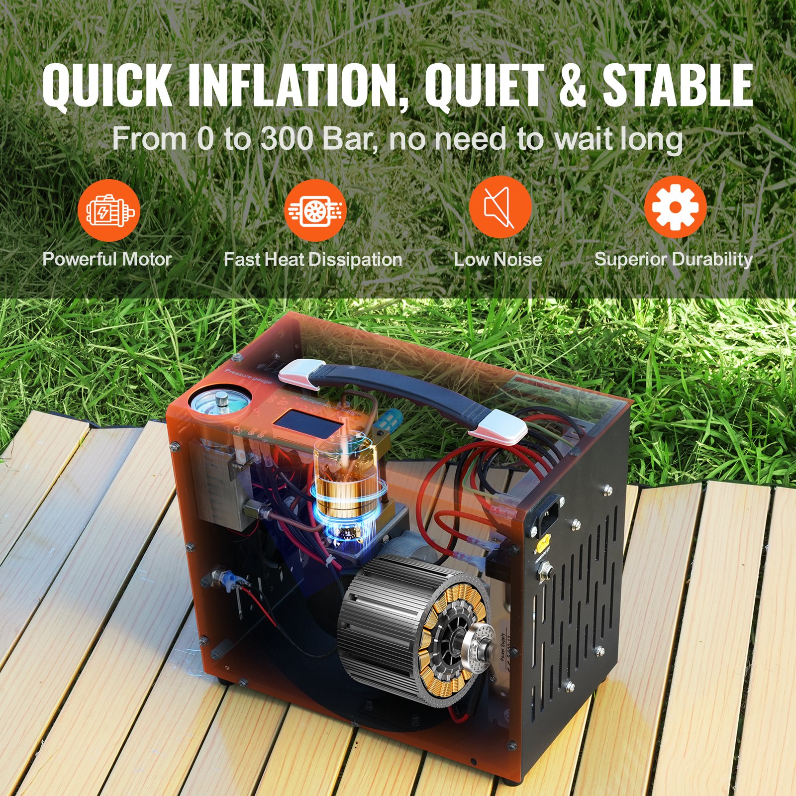 VEVOR PCP-ilmakompressori, 4500PSI/30Mpa Kannettava PCP-kompressori sisäänrakennetulla tehonmuuntimella, automaattinen pysäytys | DC12V/AC230V | Öljytön ja vedetön kompressoripumppu