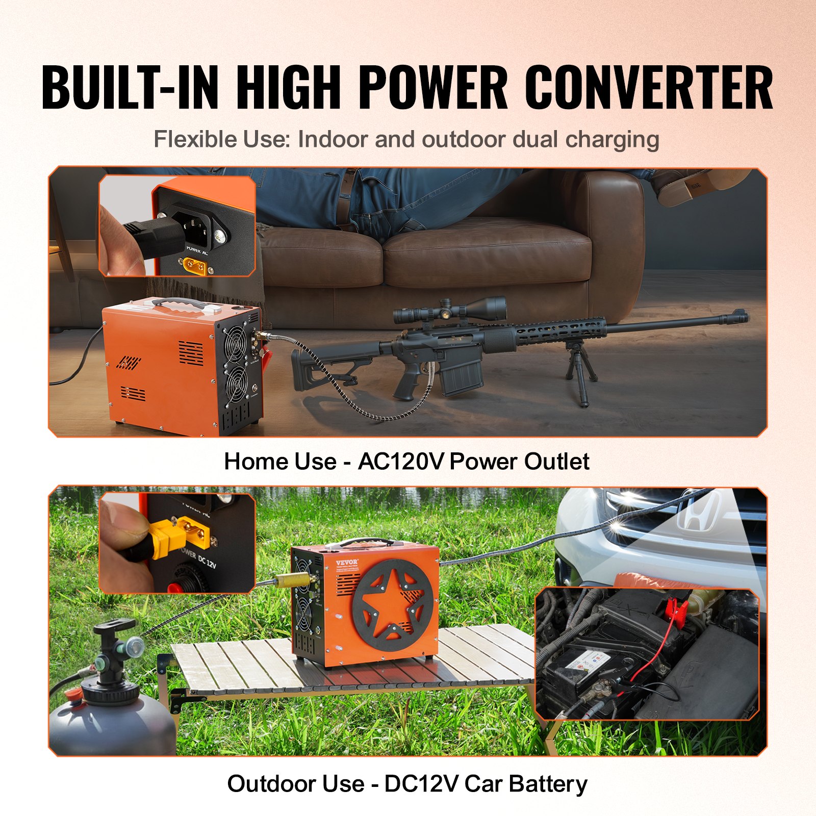 VEVOR PCP-ilmakompressori, 4500PSI/30Mpa Kannettava PCP-kompressori sisäänrakennetulla tehonmuuntimella, automaattinen pysäytys | DC12V/AC230V | Öljytön ja vedetön kompressoripumppu
