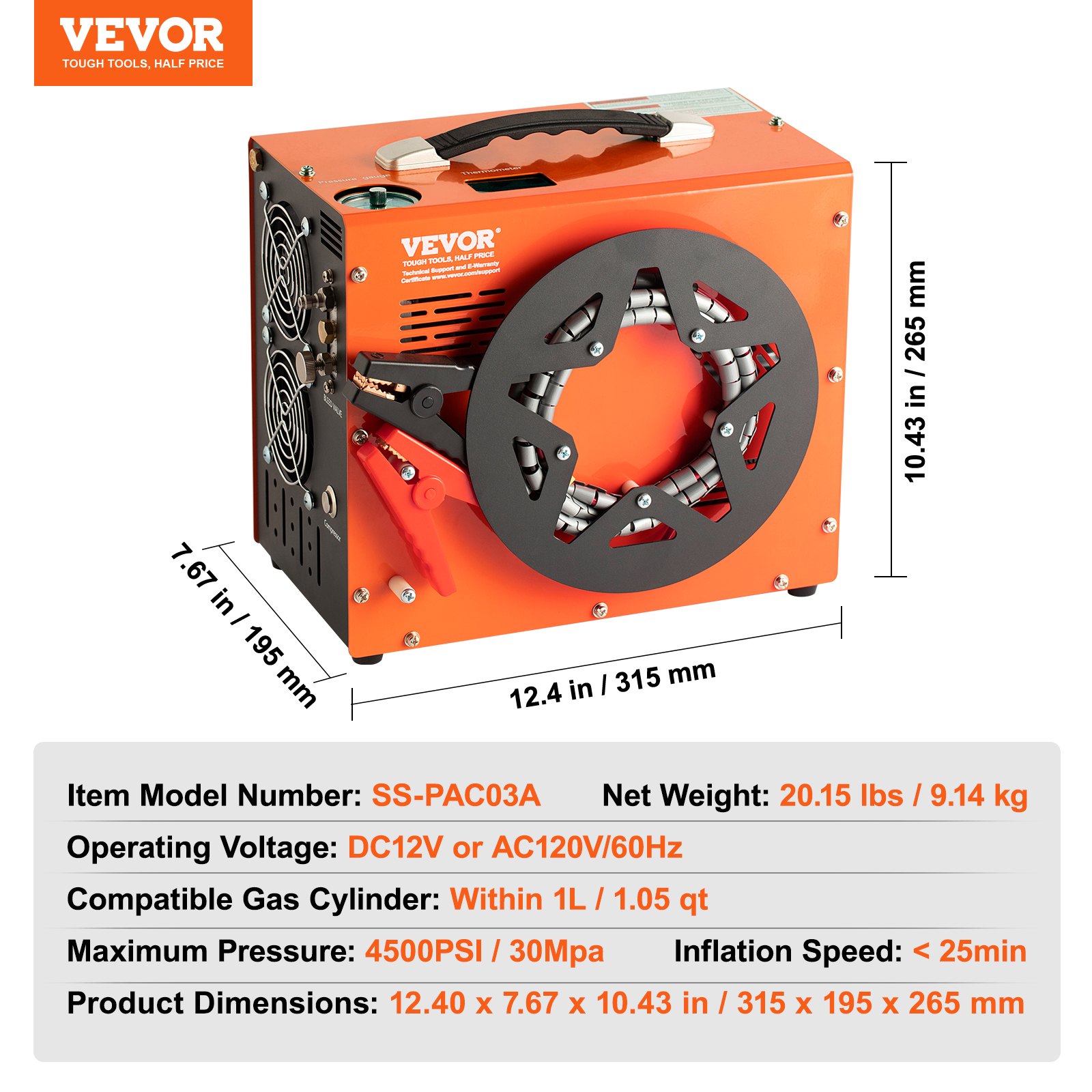 VEVOR PCP-ilmakompressori, 4500PSI/30Mpa Kannettava PCP-kompressori sisäänrakennetulla tehonmuuntimella, automaattinen pysäytys | DC12V/AC230V | Öljytön ja vedetön kompressoripumppu