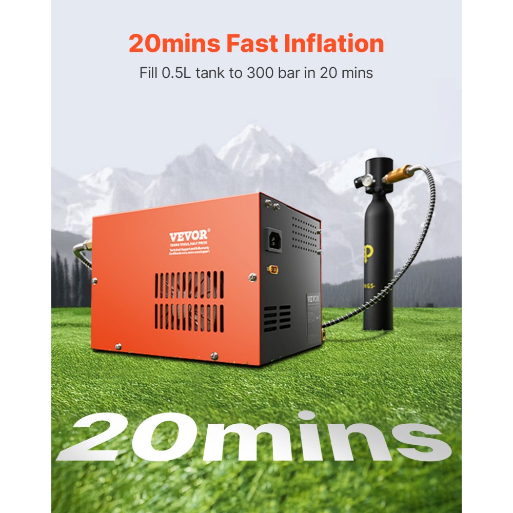 VEVOR PCP Air Compressor, 4500PSI/30Mpa Portable PCP Airgun Compressor with Built-in Converter & Fan Cooling System, DC12V/AC120V Manual-Stop Air Rifle, Paintball and Scuba Tank Compressor Pump