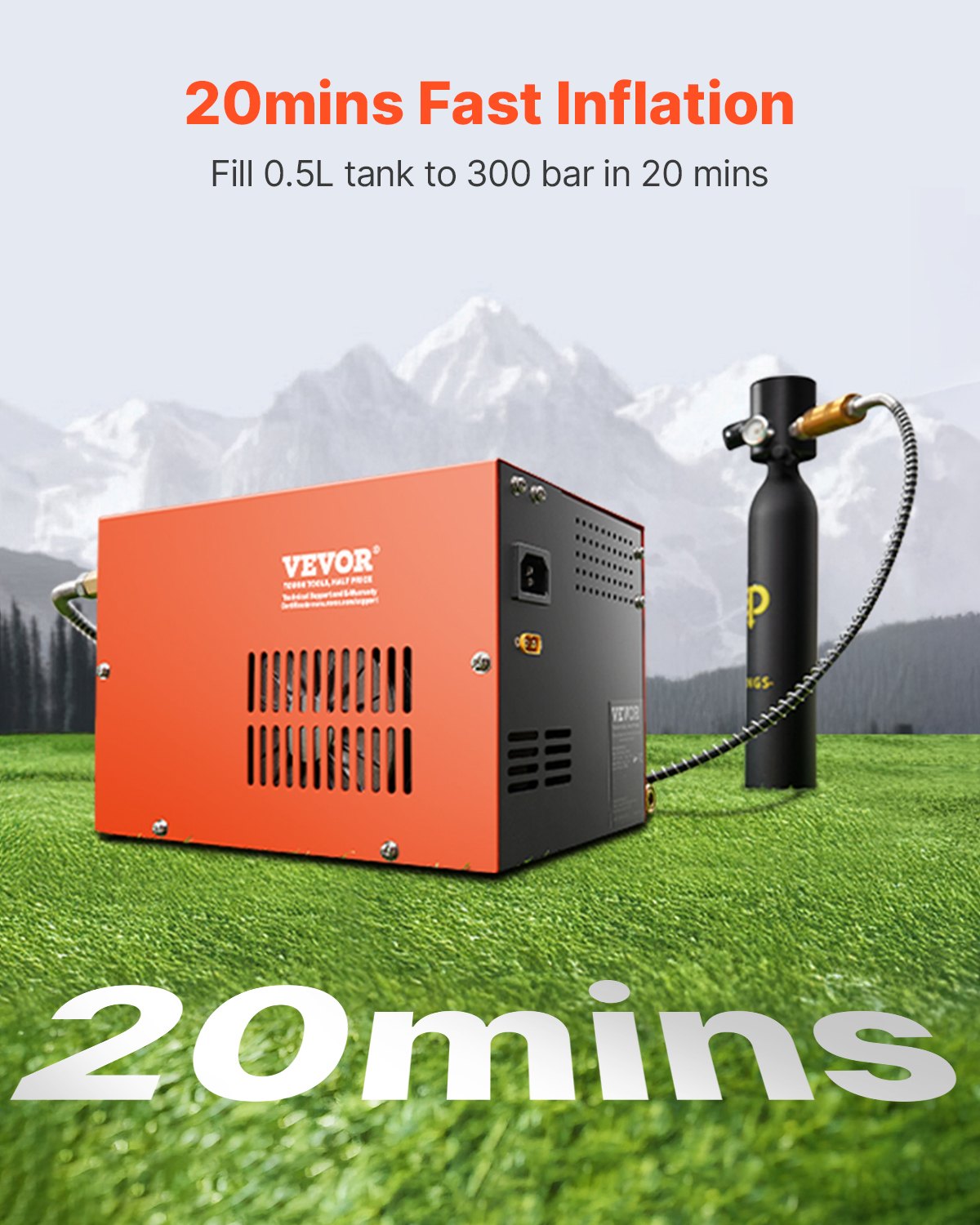 VEVOR PCP Air Compressor, 4500PSI/30Mpa Portable PCP Airgun Compressor with Built-in Converter & Fan Cooling System, DC12V/AC120V Manual-Stop Air Rifle, Paintball and Scuba Tank Compressor Pump