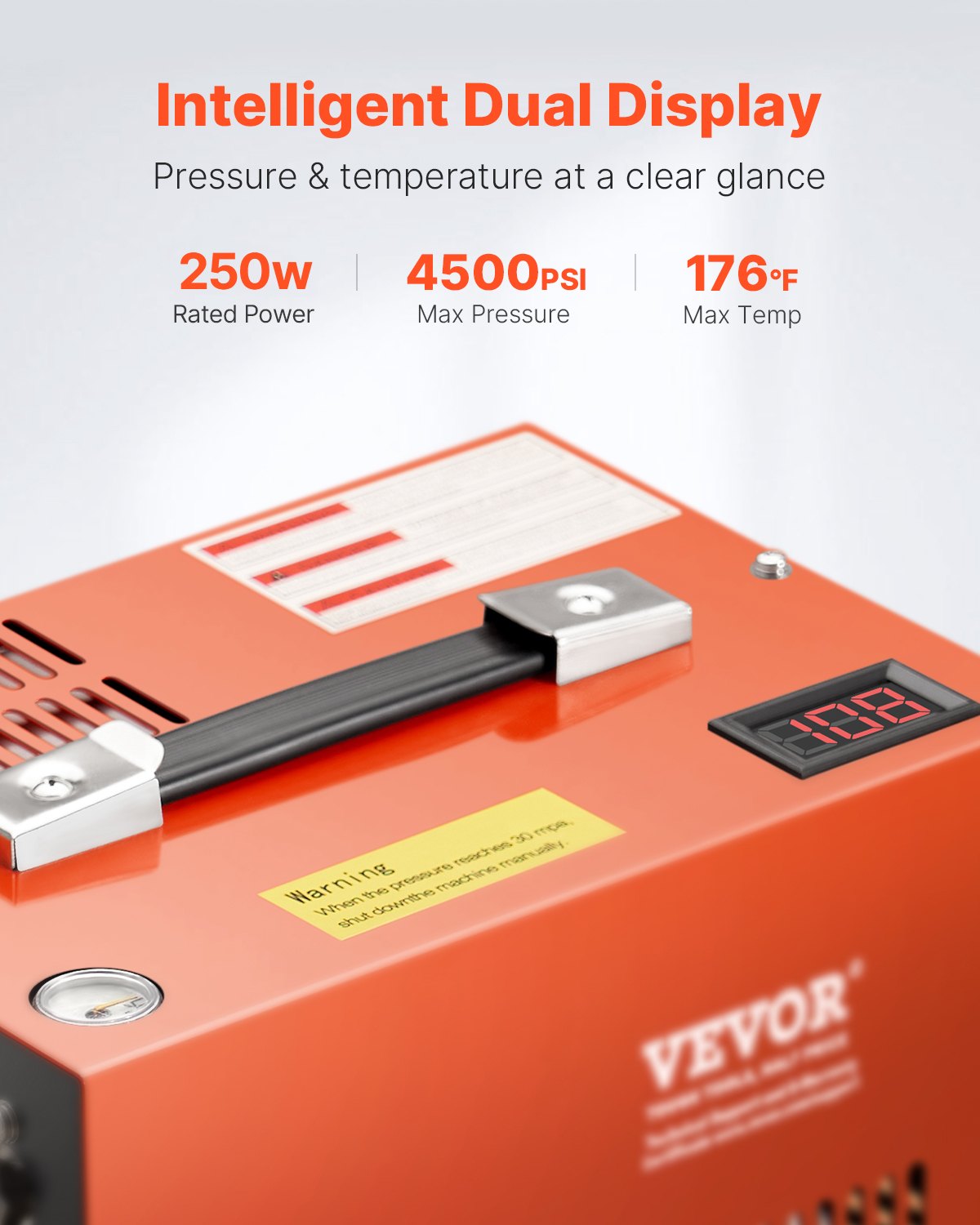 VEVOR PCP Air Compressor, 4500PSI/30Mpa Portable PCP Airgun Compressor with Built-in Converter & Fan Cooling System, DC12V/AC230V Manual-Stop Air Rifle, Paintball and Scuba Tank Compressor Pump