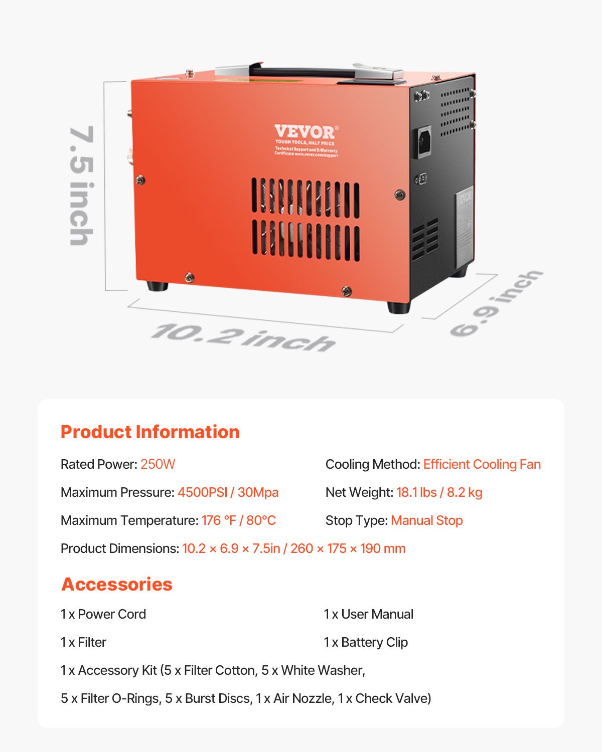 VEVOR PCP Air Compressor, 4500PSI/30Mpa Portable PCP Airgun Compressor with Built-in Converter & Fan Cooling System, DC12V/AC230V Manual-Stop Air Rifle, Paintball and Scuba Tank Compressor Pump