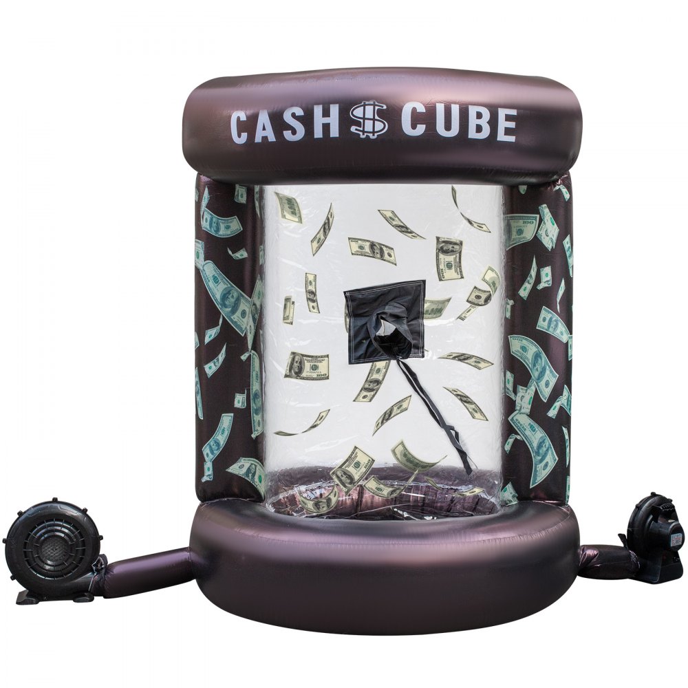 VEVOR inflatable cash cube with fake money flying inside, blower attached.