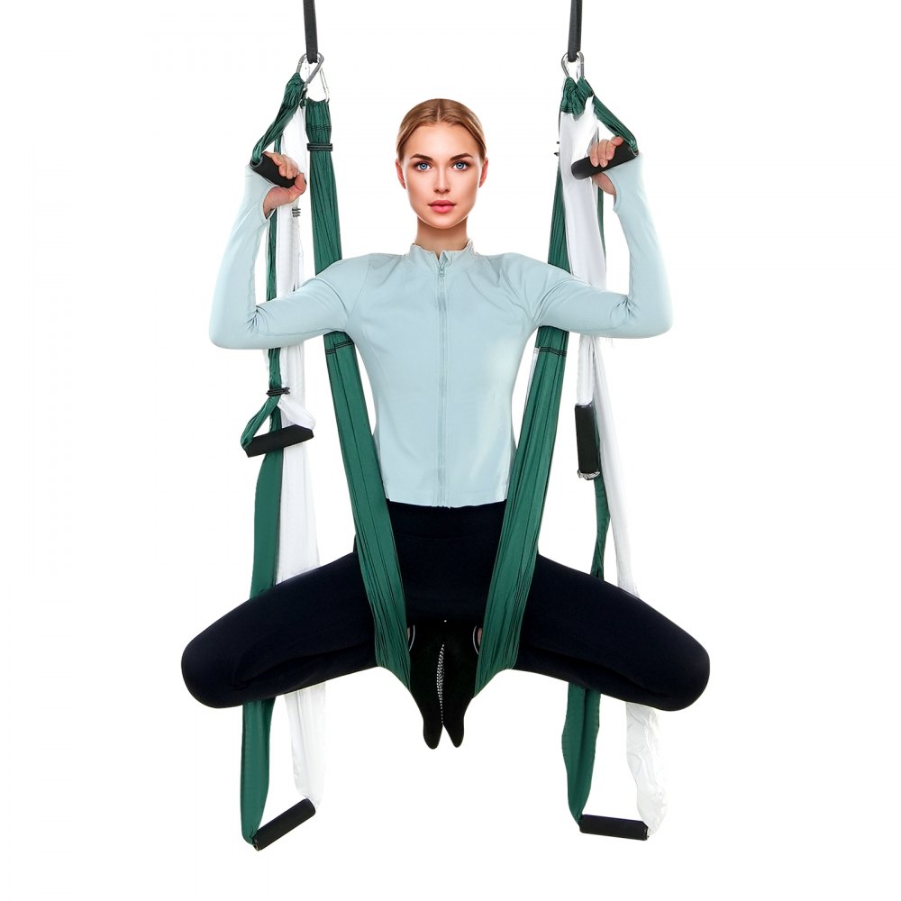 VEVOR Aerial Yoga Swing Set, 2.5 m Length Yoga Hammock Hanging Swing Aerial Sling Inversion Fly Kit Trapeze Inversion Equipment with Ceiling Mount Accessories, Max 300 kg Load Capacity, Green/White