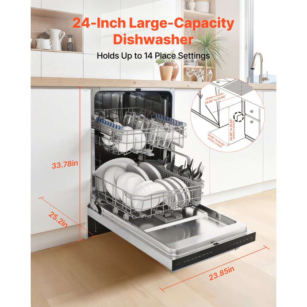VEVOR 24 Inch Built-In Dishwasher, Stainless Steel Tub, 14 Place Settings and 8 Washing Programs, 23.82 x 25.2 x 33.78 Inch Low-Noise Dishwashing Machine with Upper / Lower Racks and Zoned Storage