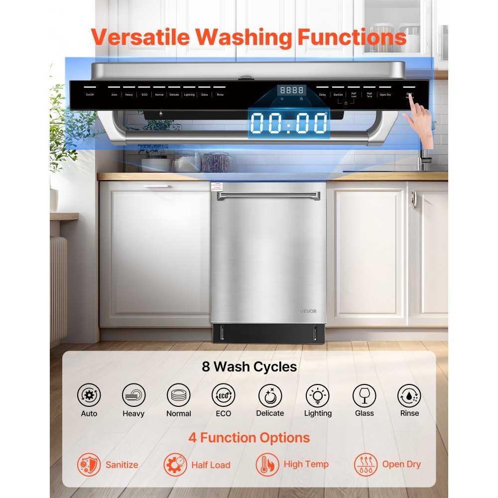 VEVOR 24 Inch Built-In Dishwasher, Stainless Steel Tub, 14 Place Settings and 8 Washing Programs, 23.82 x 25.2 x 33.78 Inch Low-Noise Dishwashing Machine with Upper / Lower Racks and Zoned Storage