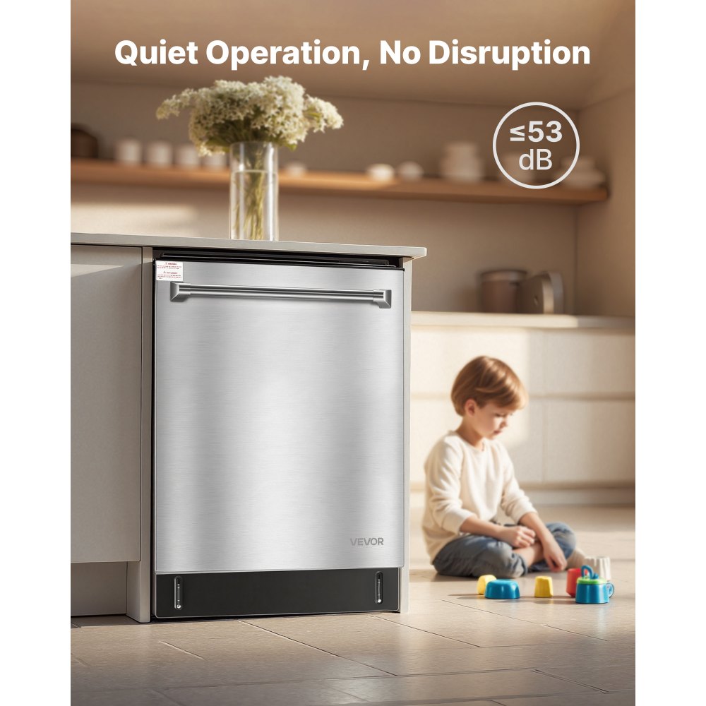 VEVOR 24 Inch Built-In Dishwasher, Stainless Steel Tub, 14 Place Settings and 8 Washing Programs, 23.82 x 25.2 x 33.78 Inch Low-Noise Dishwashing Machine with Upper / Lower Racks and Zoned Storage