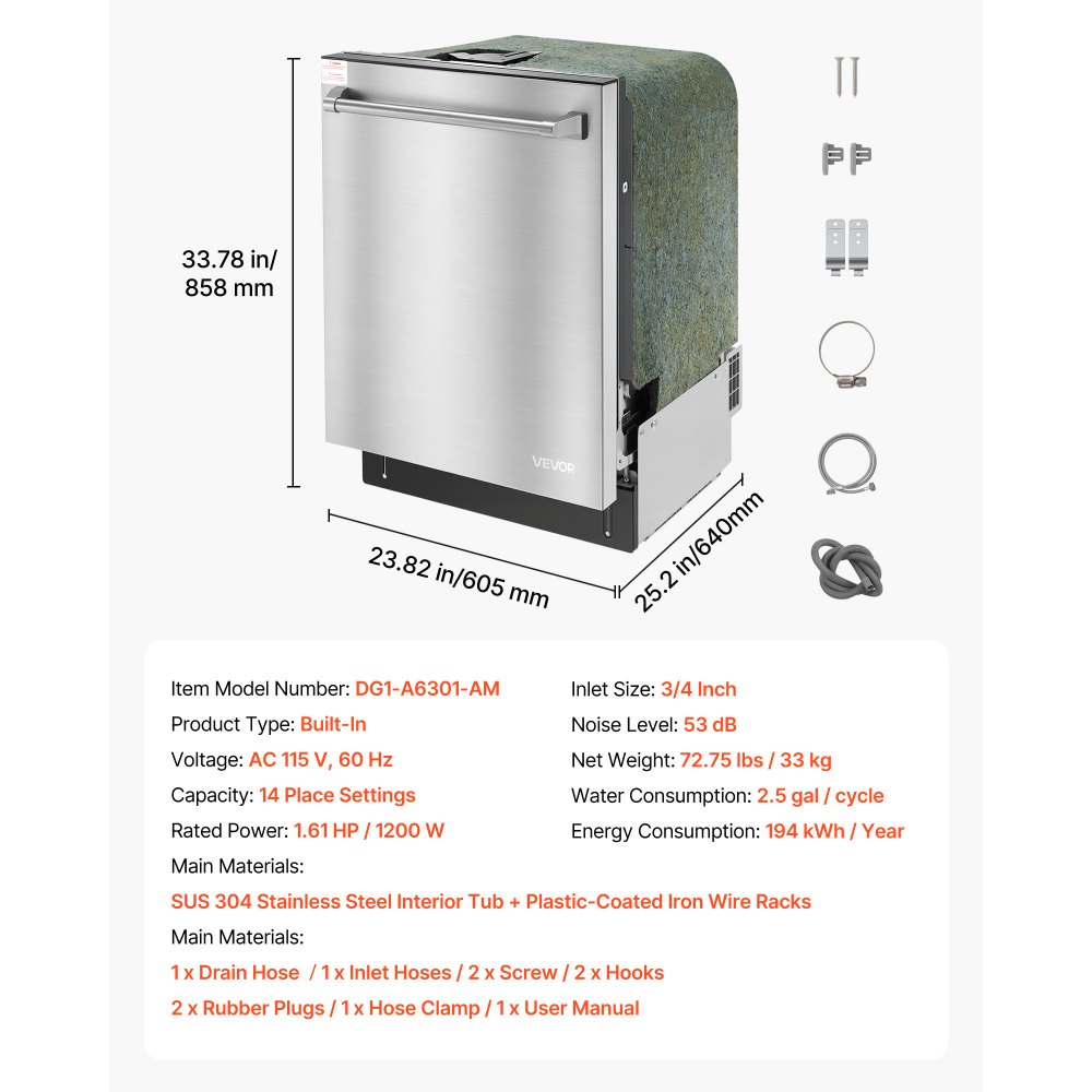 VEVOR 24 Inch Built-In Dishwasher, Stainless Steel Tub, 14 Place Settings and 8 Washing Programs, 23.82 x 25.2 x 33.78 Inch Low-Noise Dishwashing Machine with Upper / Lower Racks and Zoned Storage