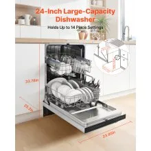 VEVOR 24 Inch Built-In Dishwasher, Stainless Steel Tub, 14 Place Settings and 8 Washing Programs, 23.82 x 25.2 x 33.78 Inch Low-Noise Dishwashing Machine with Upper / Lower Racks and Zoned Storage
