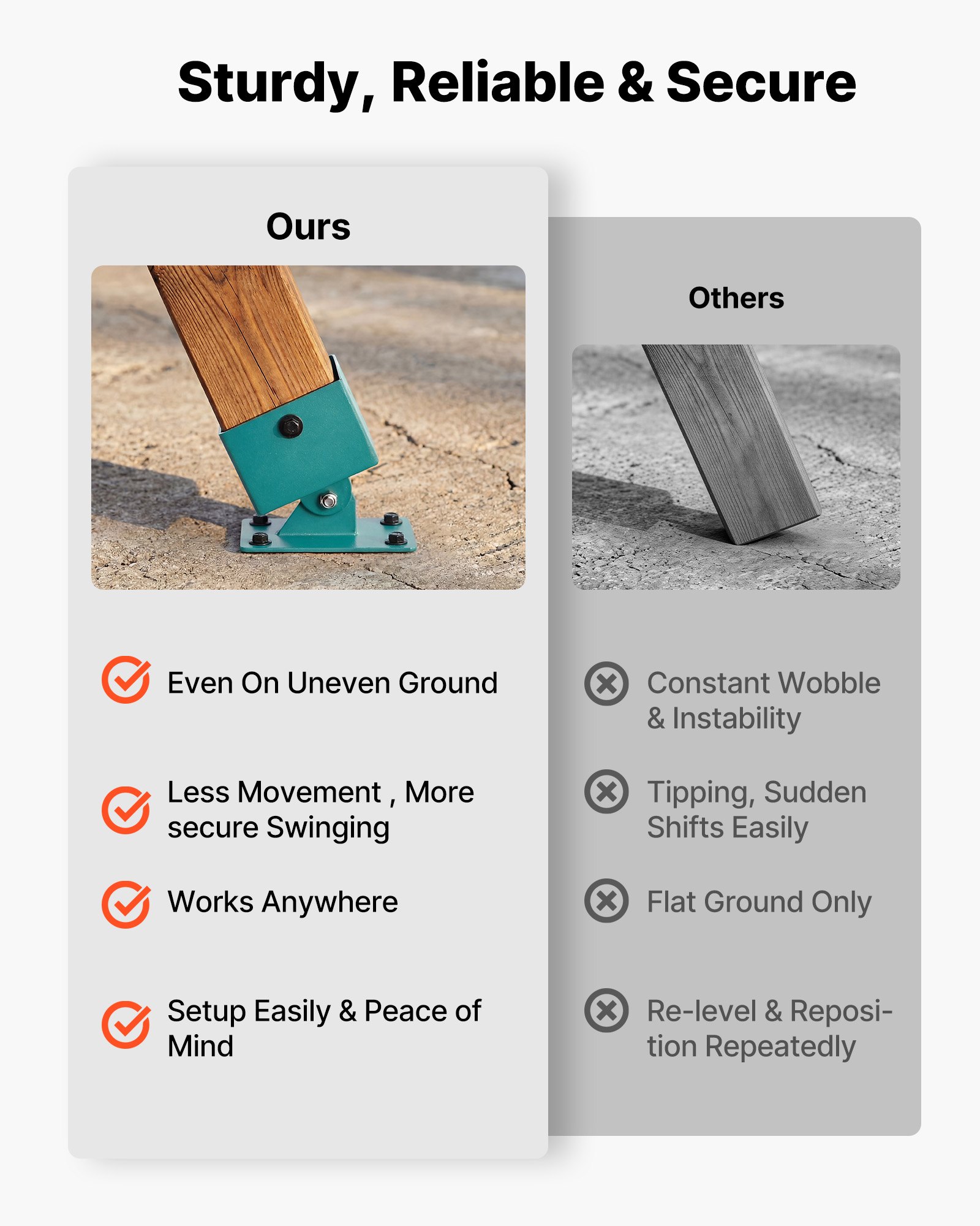 VEVOR Swing Set Brackets, 4 Pack Heavy Duty Swing Set Leveling Hardware, Fits 101.6 x 101.6 mm Post (Actual Size 91 x 91 mm), 45°-60° Angle Range, Stainless Steel Anchor Level Kit on Uneven Ground