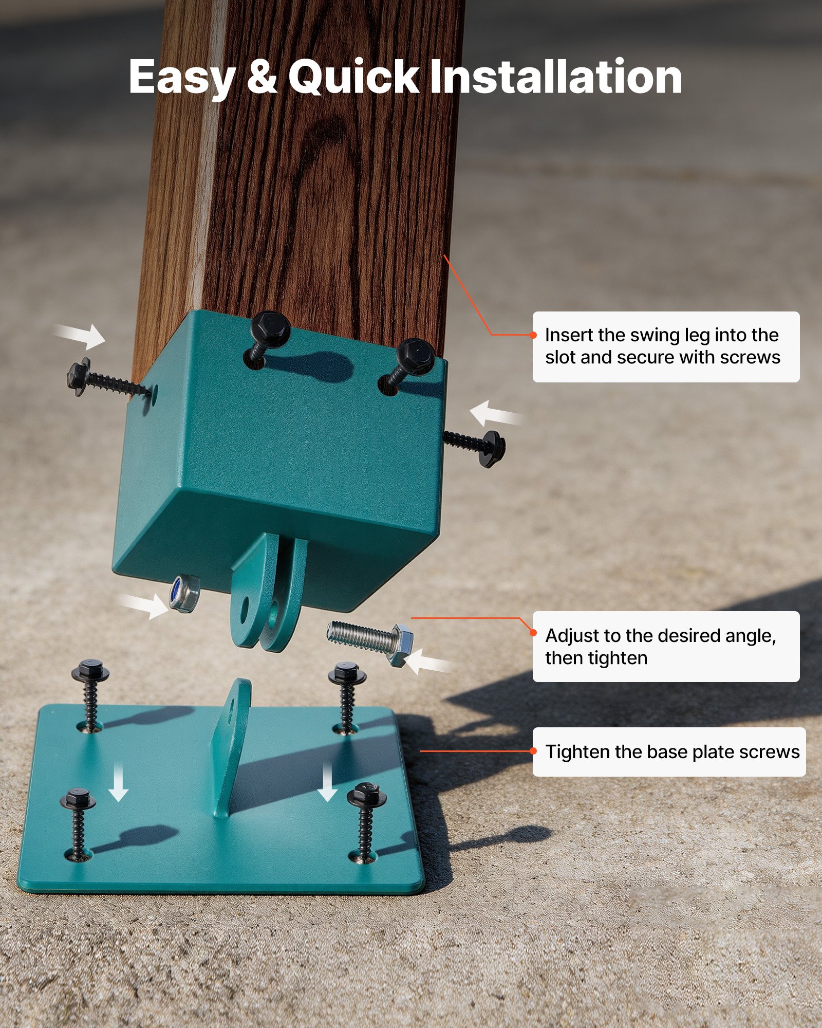 VEVOR Swing Set Brackets, 4 Pack Heavy Duty Swing Set Leveling Hardware, Fits 101.6 x 101.6 mm Post (Actual Size 91 x 91 mm), 45°-60° Angle Range, Stainless Steel Anchor Level Kit on Uneven Ground