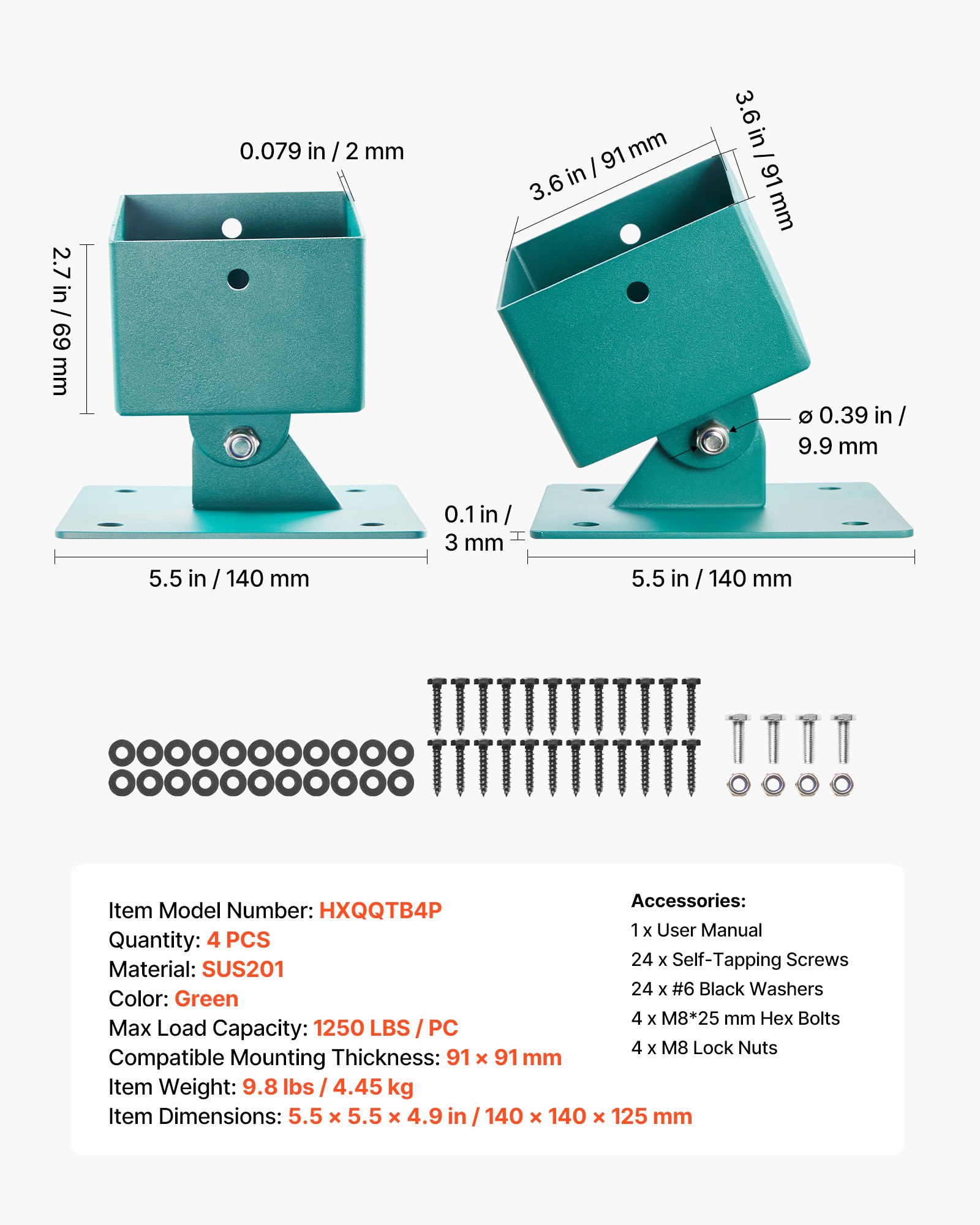 VEVOR Swing Set Brackets, 4 Pack Heavy Duty Swing Set Leveling Hardware, Fits 101.6 x 101.6 mm Post (Actual Size 91 x 91 mm), 45°-60° Angle Range, Stainless Steel Anchor Level Kit on Uneven Ground