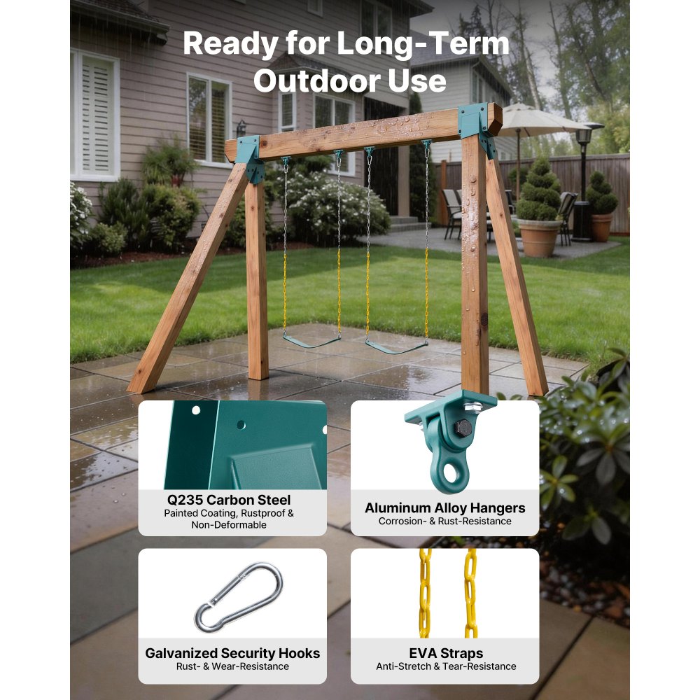 VEVOR Swing Set Brackets, Heavy-Duty A-frame Set Hardware, with 2 A-Frame Swing Brackets & 2 Seats & 4 Hangers, for Playground Backyard Park Equipment Mounting Parts Outdoor, Hardware Included, Green