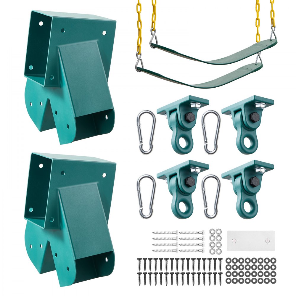 VEVOR Swing Set Brackets, Heavy-Duty A-frame Set Hardware, with 2 A-Frame Swing Brackets & 2 Seats & 4 Hangers, for Playground Backyard Park Equipment Mounting Parts Outdoor, Hardware Included, Green