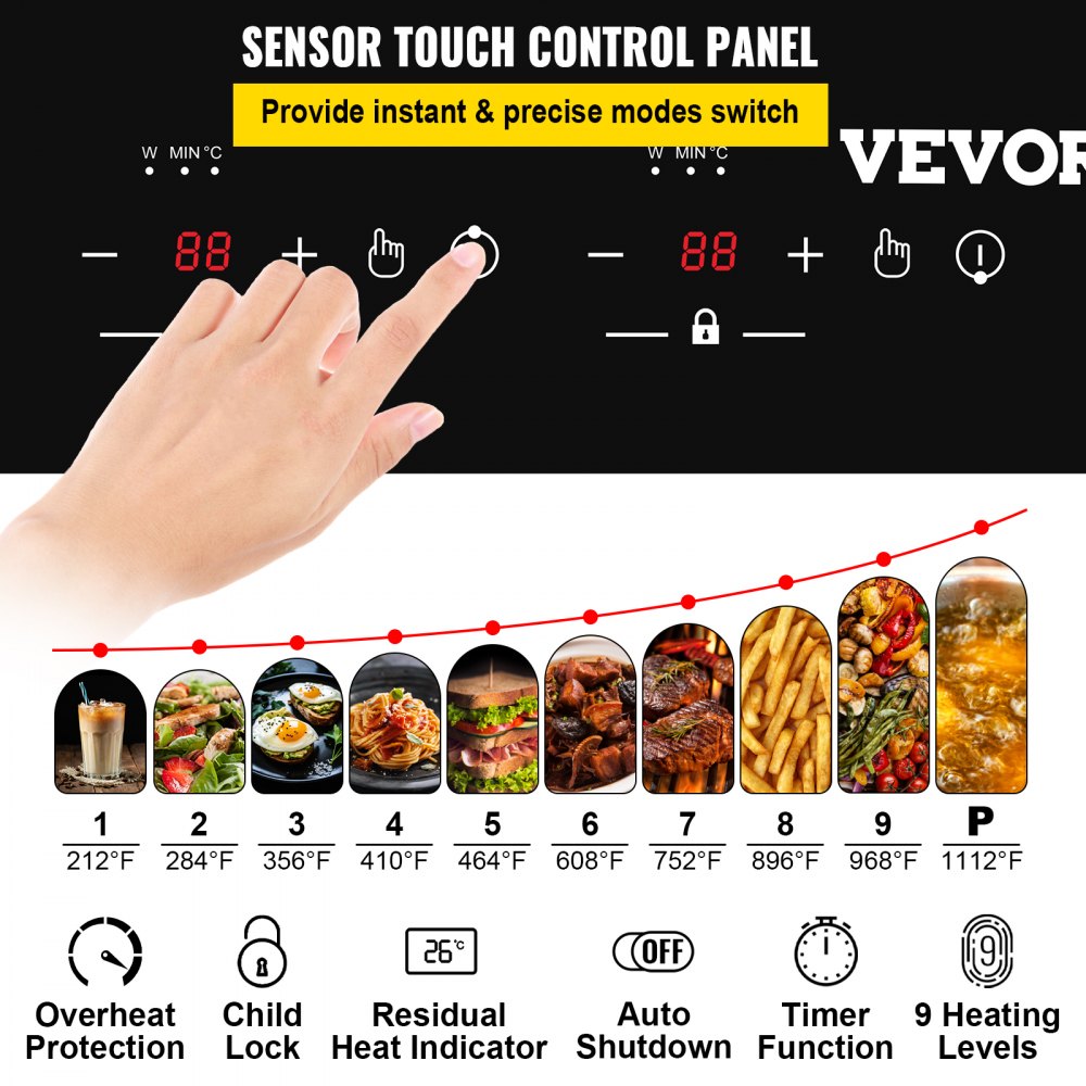 VEVOR Built-in Electric Cooktop Radiant Ceramic Cooktop 11in 2 Burners 220V