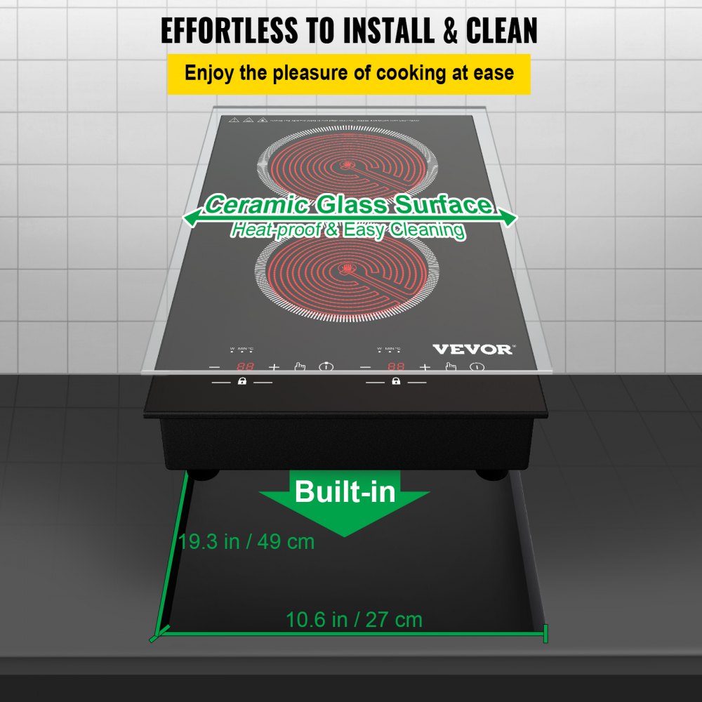 VEVOR Built-in Electric Cooktop Radiant Ceramic Cooktop 11in 2 Burners 220V