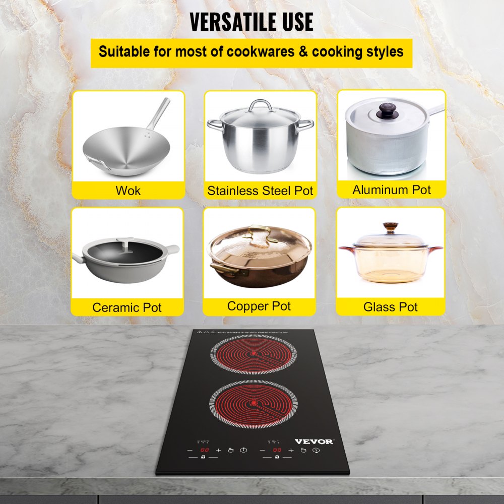 VEVOR Built-in Electric Cooktop Radiant Ceramic Cooktop 11in 2 Burners 220V