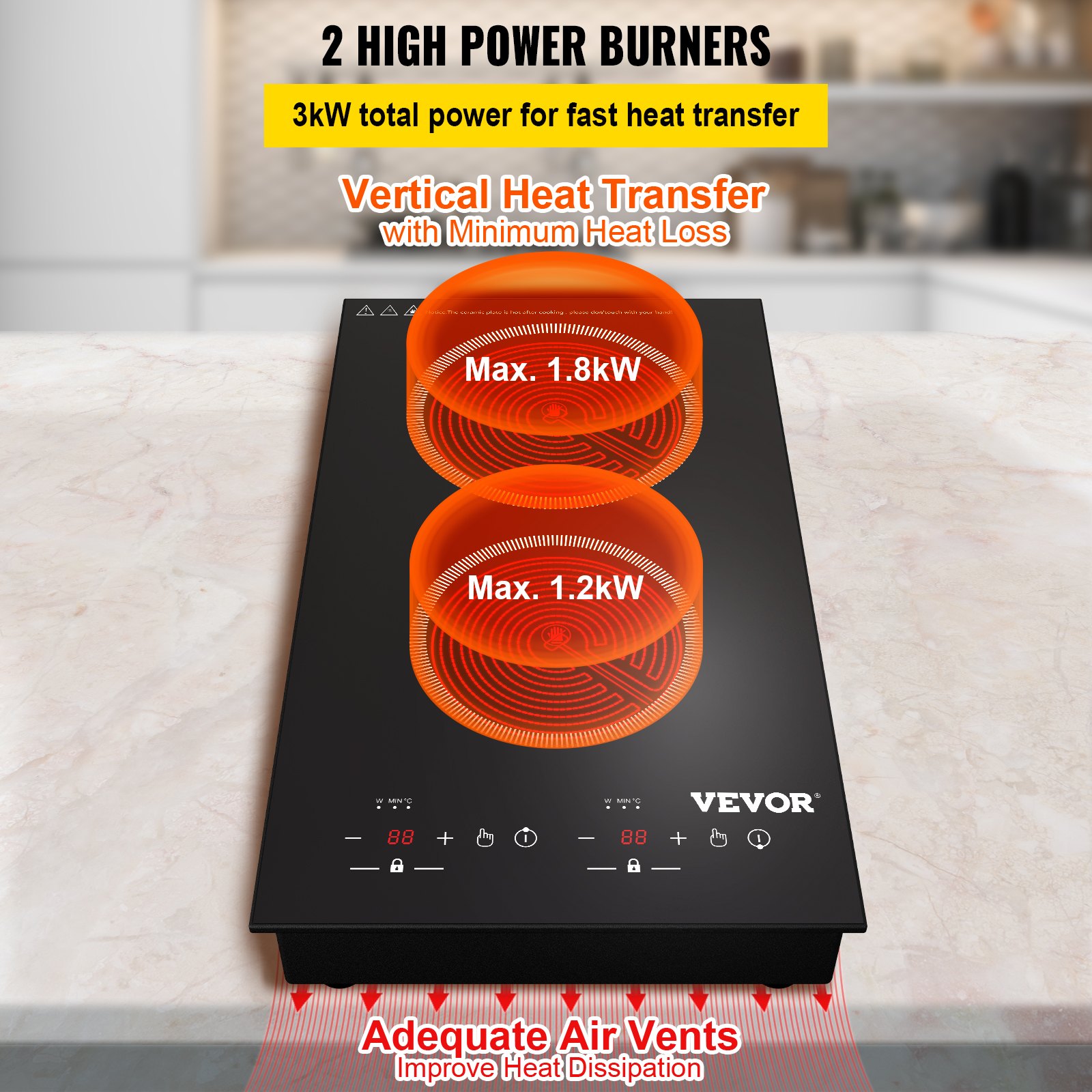VEVOR Built-in Electric Cooktop Radiant Ceramic Cooktop 11in 2 Burners 220V