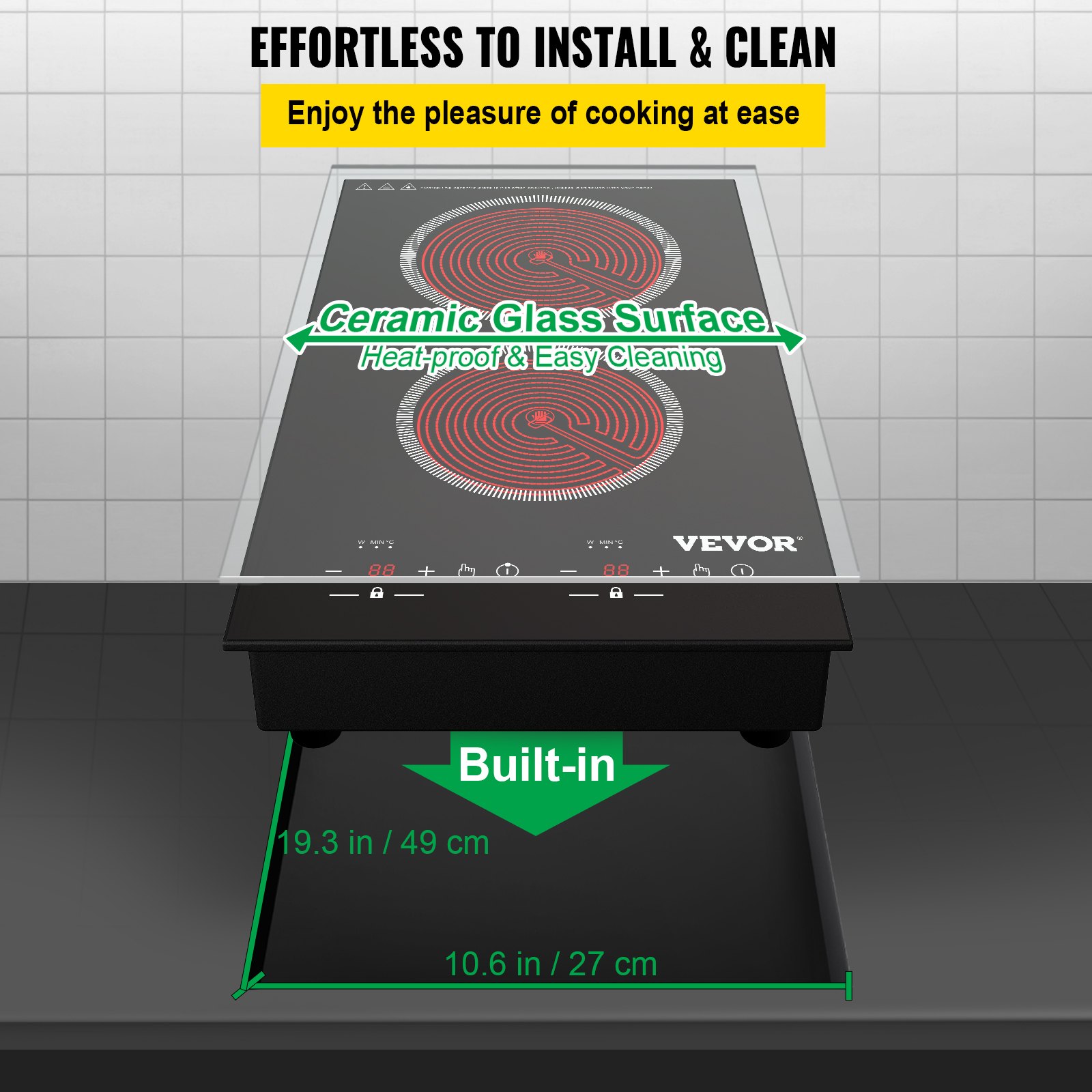 VEVOR Built-in Electric Cooktop Radiant Ceramic Cooktop 11in 2 Burners 220V