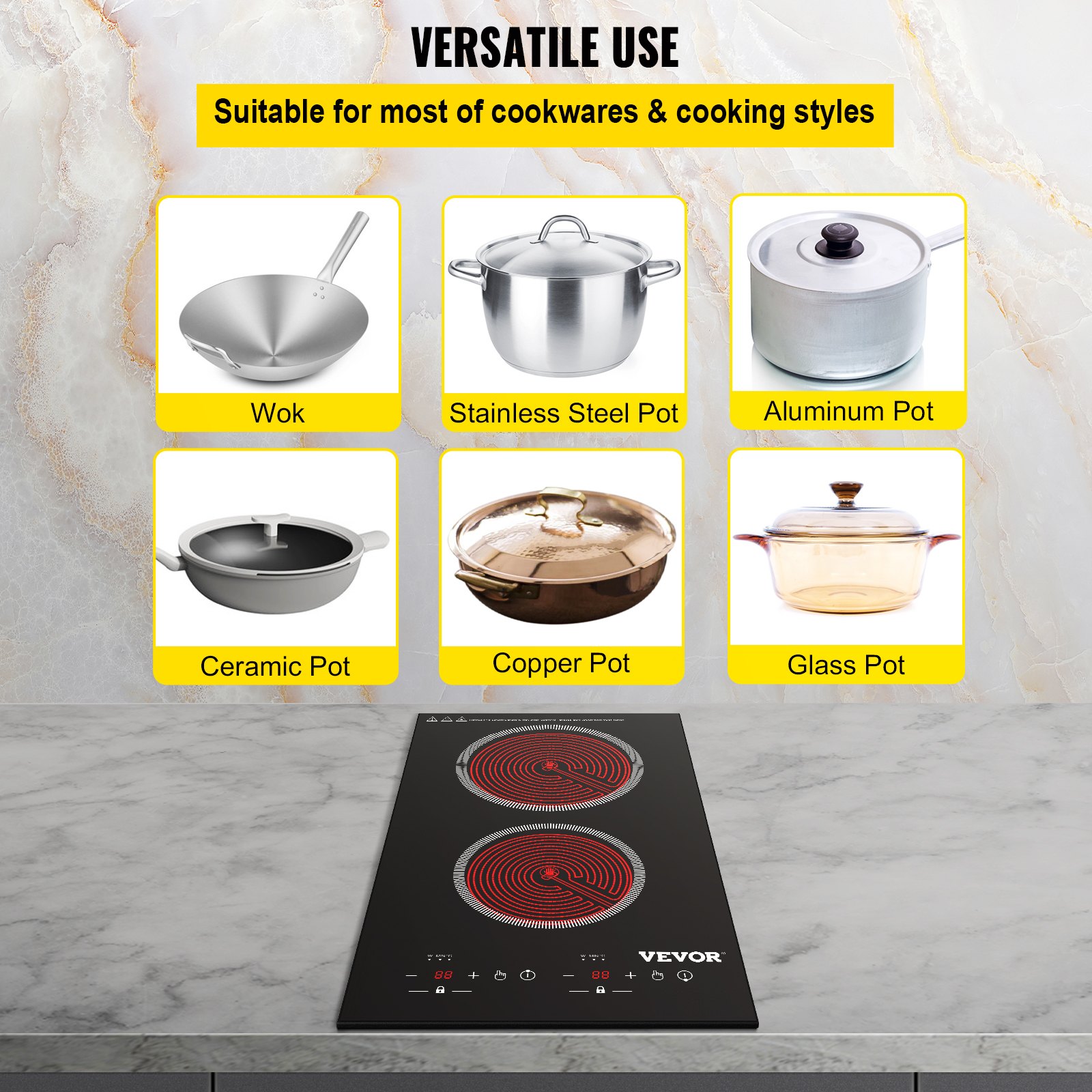 VEVOR Built-in Electric Cooktop Radiant Ceramic Cooktop 11in 2 Burners 220V